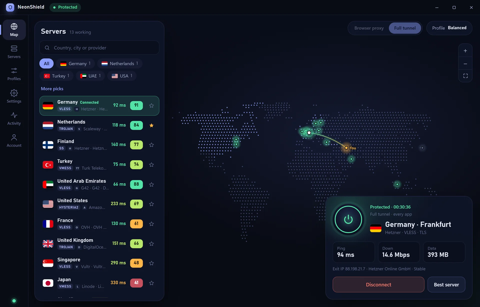 NeonShield on Windows: the server list on the left, the world map with working servers, and the connection panel.
