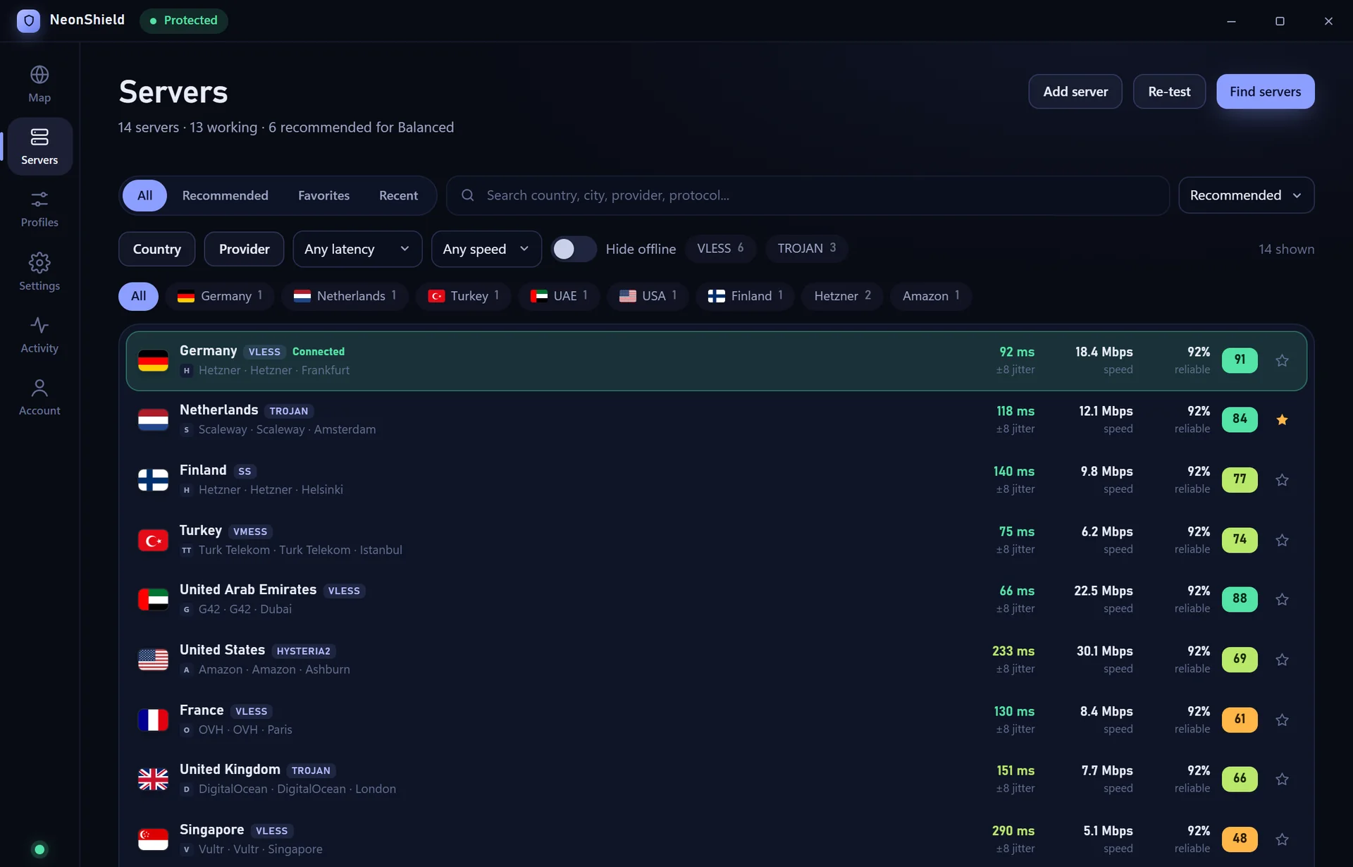 The NeonShield server list with ping, speed and a score for each server.